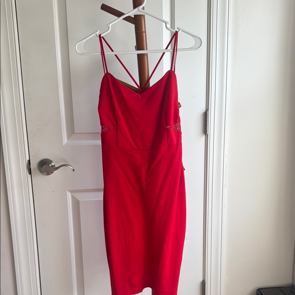 Express Red Spaghetti Strap Sheath Midi Dress Lace side and back
